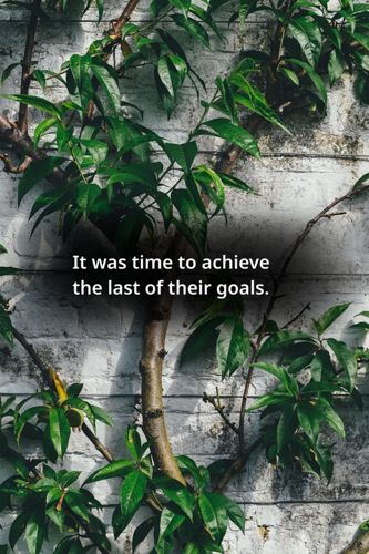 A young tree grows in front of a white-painted brick wall. Text: It was time to achieve the last of their goals.