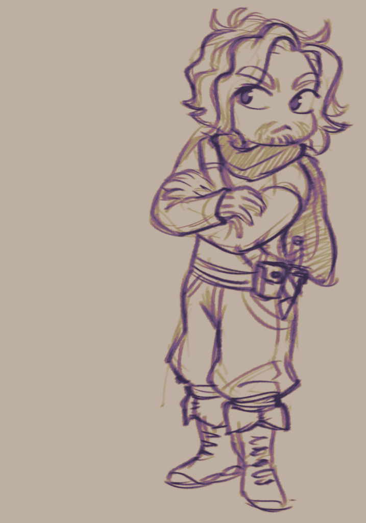 Sketch of Iberto from A Smear of Blood: a scruffy man dressed like a D&D ranger/rogue.