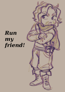 Sketch of Iberto: a scruffy man dressed like a D&D thief. Text reads: Run my friend!
