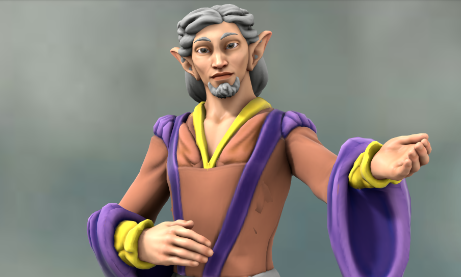 3d render of Lord Falthro. Pale skinned fae male with gray hair pulled back in a braid and a goatee. He looks serene, but if you look closely you can see bags under his eyes and a faint gauntness. Made with HeroForge