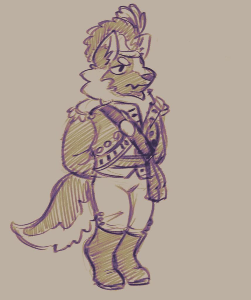 Sketch drawing of Lieutenant Abdal -- an anthro werewolf in a cavalry officers uniform.